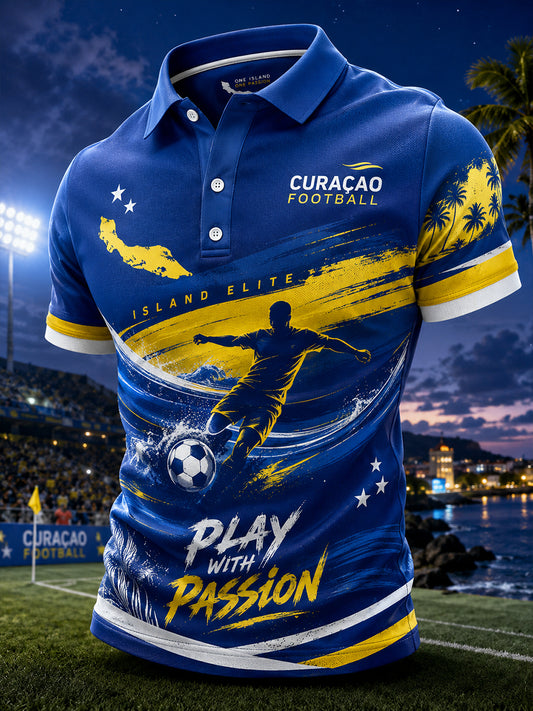 Herenpoloshirt met korte mouwen en een voetbalprint in eilandstijl