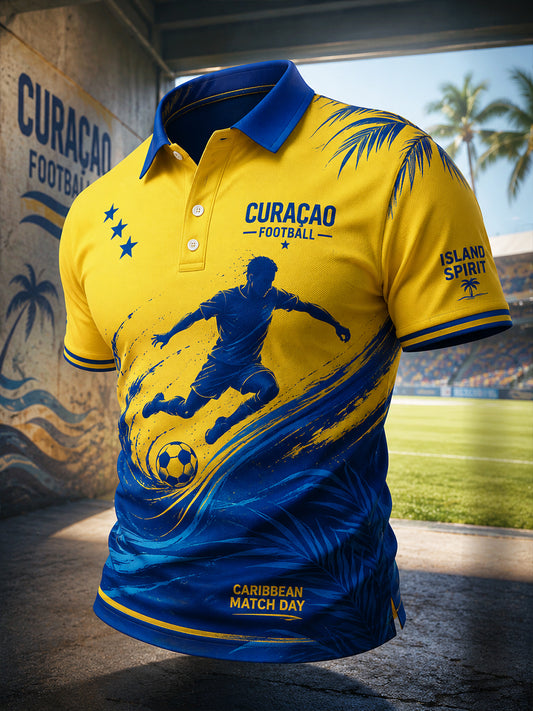Herenpoloshirt met korte mouwen en een voetbalprint in eilandstijl