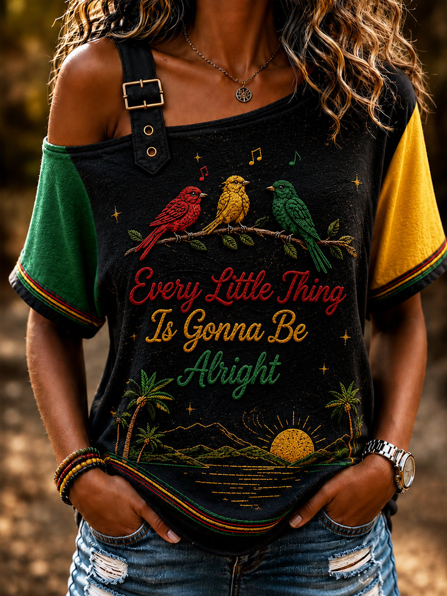 Retro Reggae Patchwork voor dames casual off-the-shoulder T-shirt