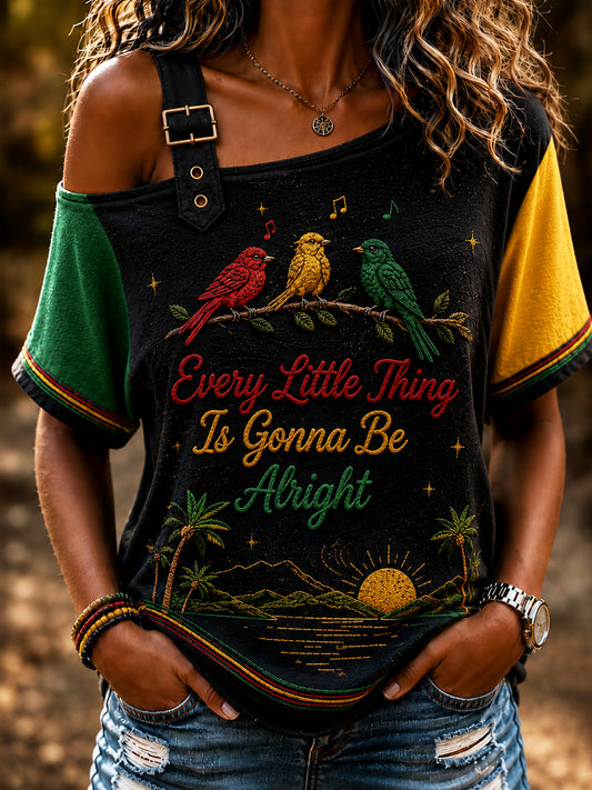 Retro Reggae Patchwork voor dames casual off-the-shoulder T-shirt