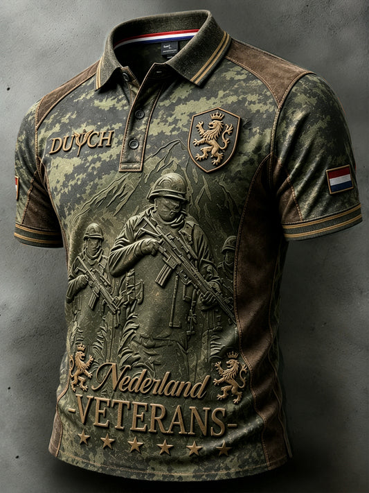 Nederlandse veteraan gepensioneerd 3D-geprint patchwork casual poloshirt voor heren