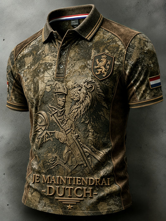 Herenvintage Nederlandse veteraan camouflageprint patchwork casual poloshirt