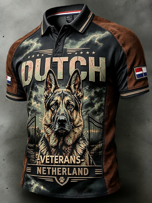 Nederlandse veteraan werkkleding hondenprint patchwork casual poloshirt voor heren