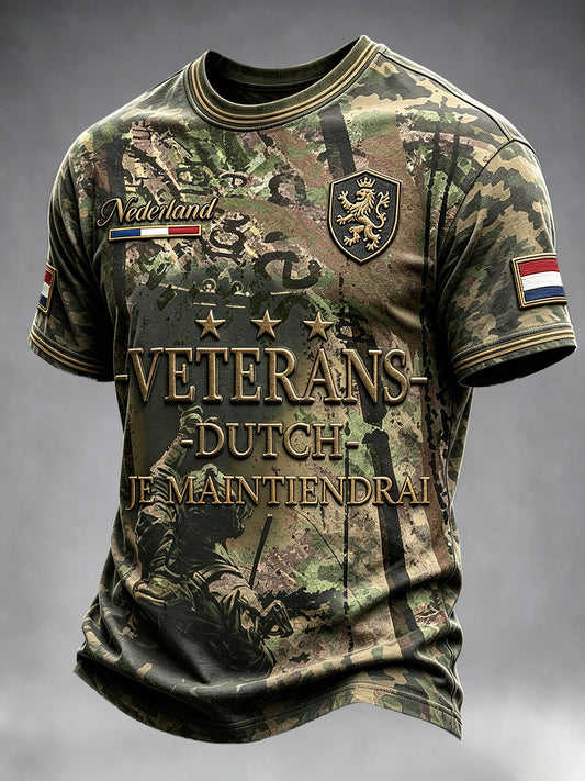 Herenvintage Nederlandse Veteraan Camouflage Print Patchwork Casual T-shirt