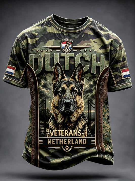 Nederlandse Veteraan Werkende Hond Camouflage Print Patchwork Casual T-shirt