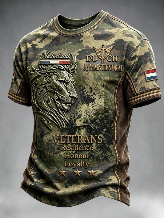 Retro camouflage heren Nederlandse veteraan leeuw print patchwork casual T-shirt