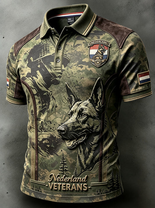 Nederlandse veteraan gepensioneerd werkhondenprint patchwork casual poloshirt voor heren