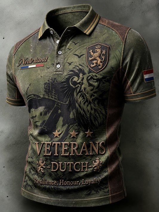 Gedrukt patchwork casual poloshirt met Nederlands veteranenthema voor heren