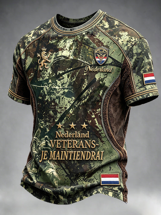 Heren T-shirt in vintage camouflagestijl met Nederlandse veteraanprint en patchwork-ontwerp, casual