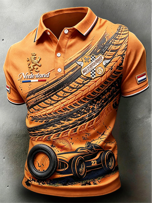 Nederlandse racing zandvoort patchwork print casual poloshirt