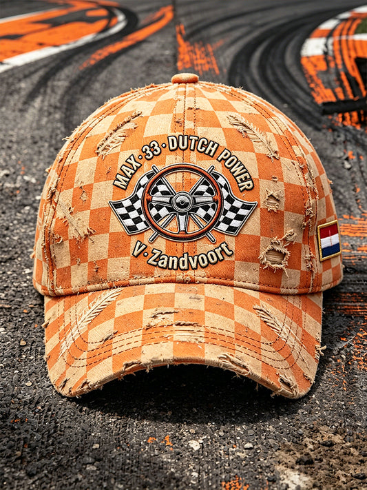 Oranje geruite Retro Dutch Racing Zandvoort-Casual hoed met print