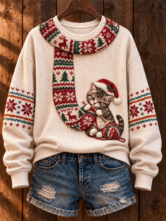 Dames kerst 'Cat Knitting a Scarf' Gedrukte casual trui