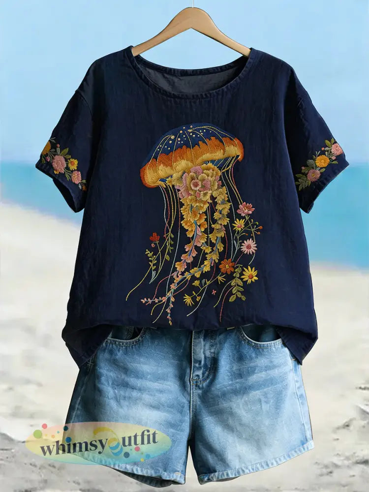 Stijlvolle bloemenkwallen bloemenkunst linnen T-shirt met korte mouwen voor dames - Marineblauw / S