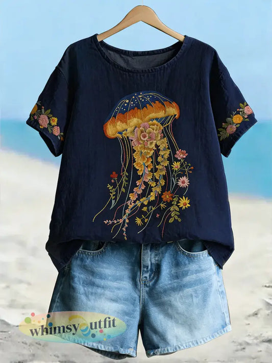 Stijlvolle bloemenkwallen bloemenkunst linnen T-shirt met korte mouwen voor dames - Marineblauw / S
