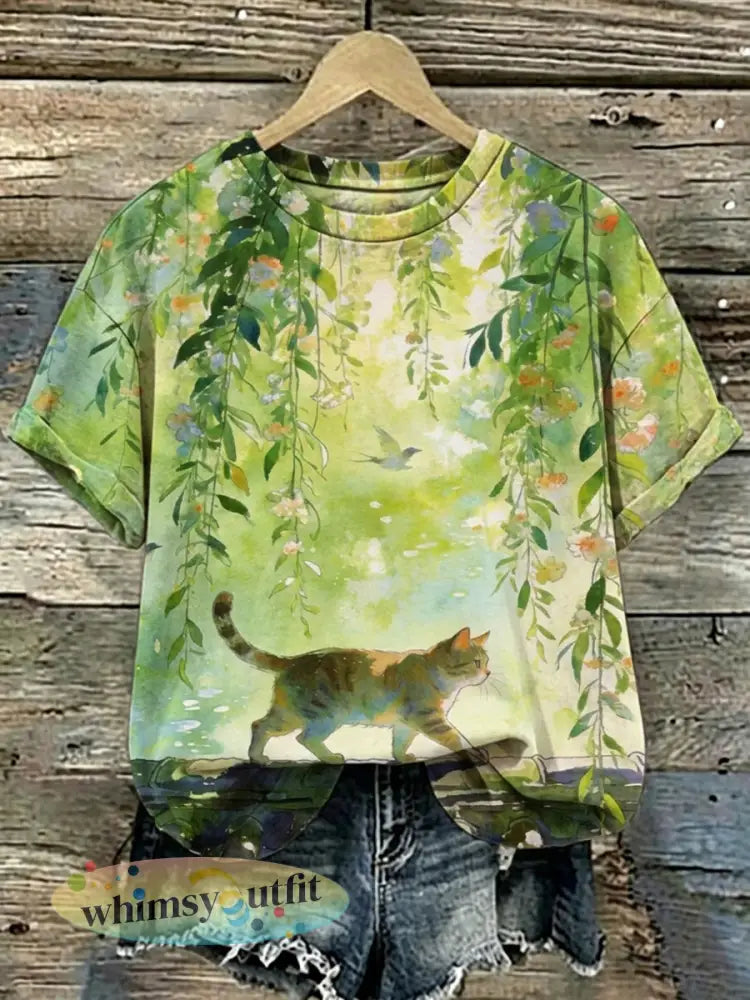 T-shirt met korte mouwen voor dames met kattenkunstprint - als foto / S
