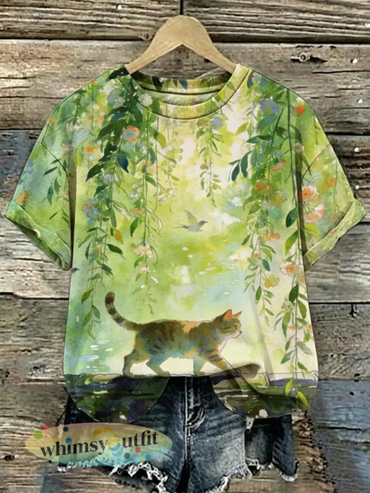 T-shirt met korte mouwen voor dames met kattenkunstprint - als foto / S