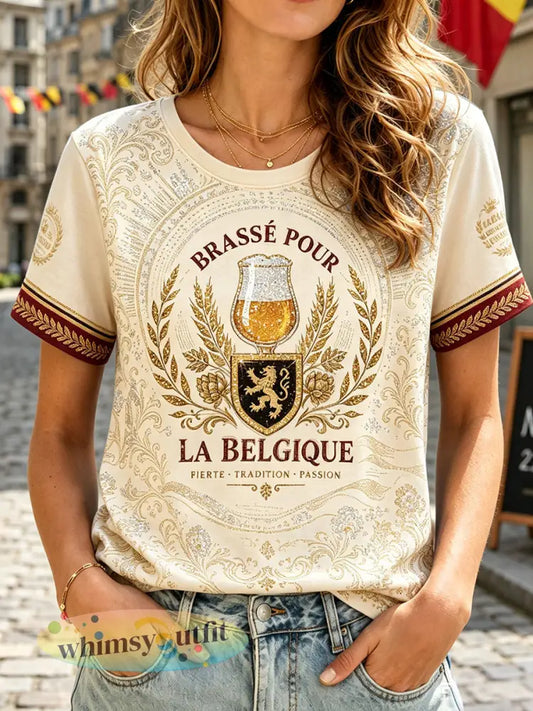 T-shirt met kunstprint van Belgische nationale bieren voor vrouwen - Abrikoos / S