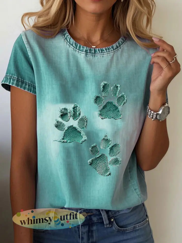 T-shirt van denim paw voor dames - Blauwgroen / S