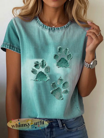 T-shirt van denim paw voor dames - Blauwgroen / S
