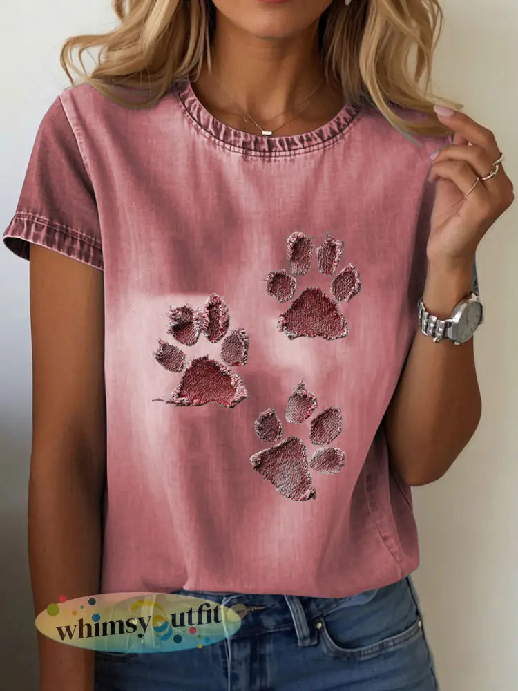 T-shirt van denim paw voor dames - Diep Rood / S