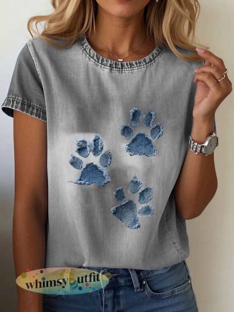 T-shirt van denim paw voor dames - Lichtgrijs / S
