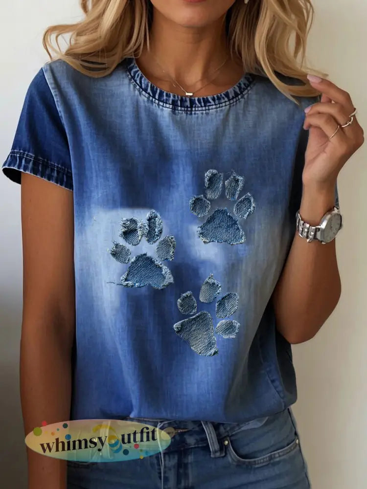 T-shirt van denim paw voor dames - Marineblauw / S