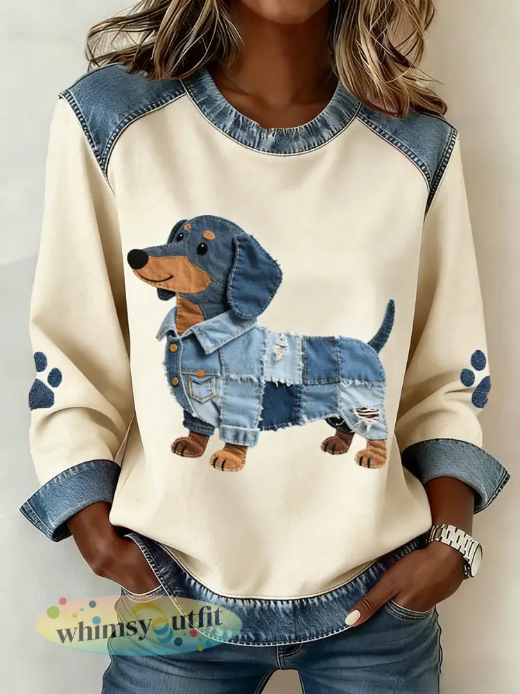Teckel patroon denim patchwork kunst sweatshirt voor dames - Abrikoos / S