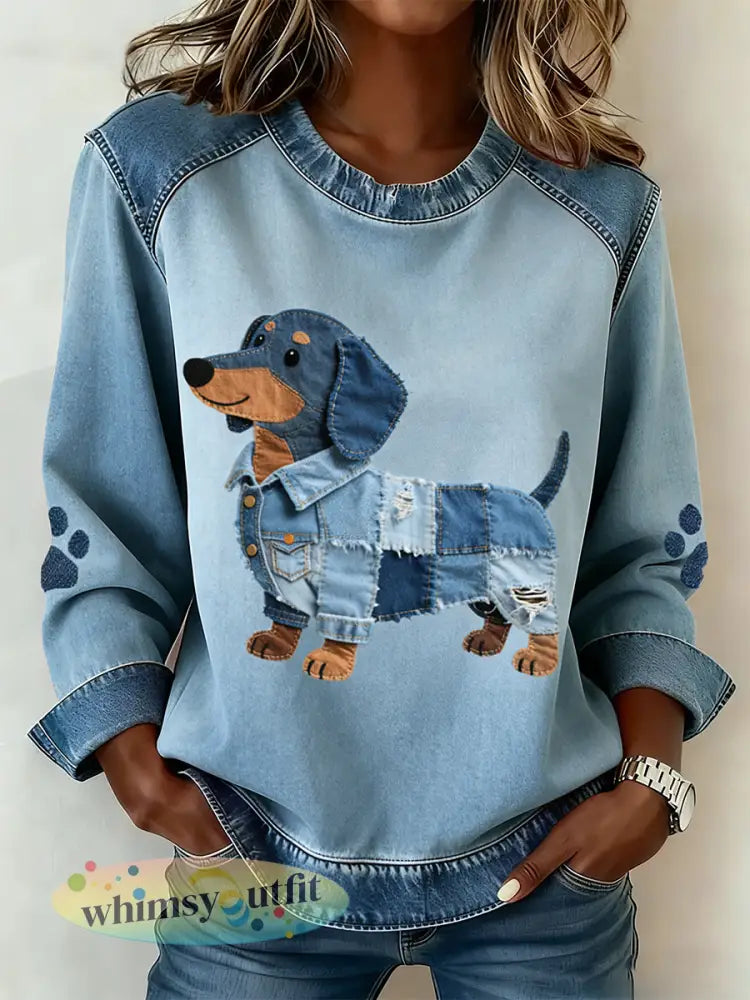Teckel patroon denim patchwork kunst sweatshirt voor dames - Blauw / S