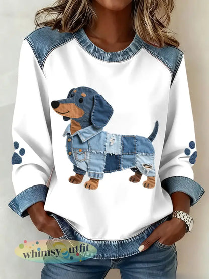 Teckel patroon denim patchwork kunst sweatshirt voor dames - Wit / S