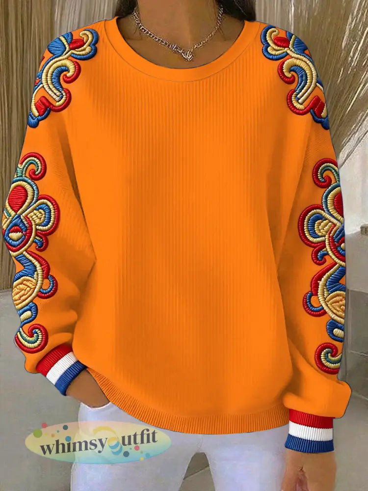 Traditionele Nederlandse bloemenprint relaxed sweatshirt voor dames - Sinaasappel / S
