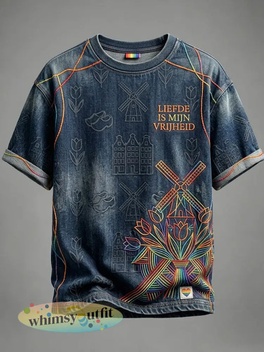 Uniseks Nederlands Trots kleurrijk lijntekening casual T-shirt - als foto / S