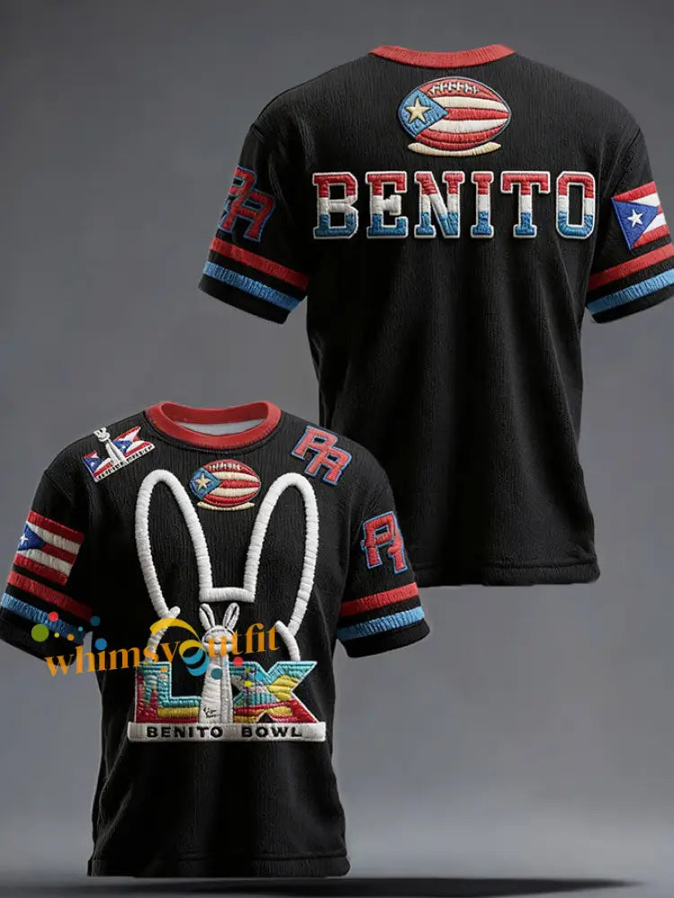 Unisex Bunny Football Lover Benito Bowl Printed T-shirt Black / S