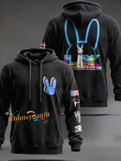 Unisex Bunny Football Music Lover Printed Hoodie Black / S