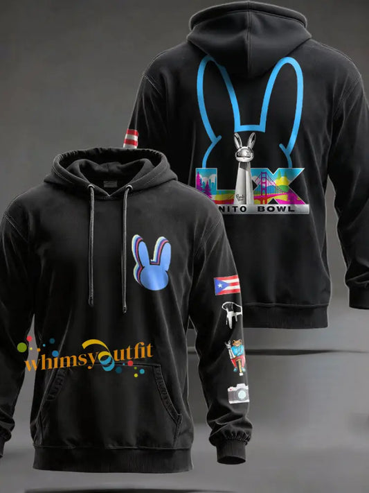 Unisex Bunny Football Music Lover Printed Hoodie Black / S