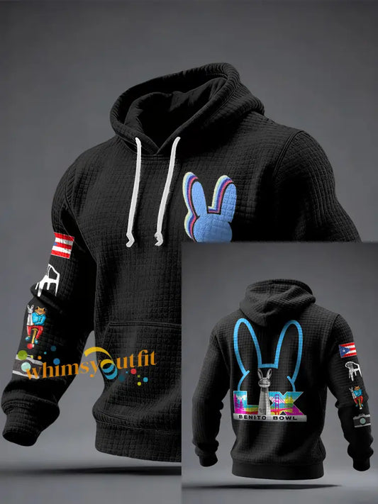 Unisex Bunny Football Music Lover Printed Hoodie Black / S