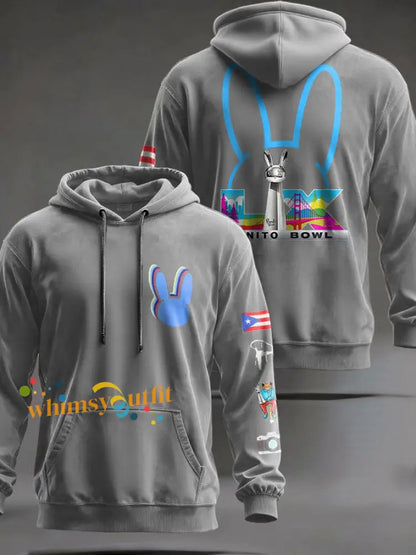 Unisex Bunny Football Music Lover Printed Hoodie Light Gray / S