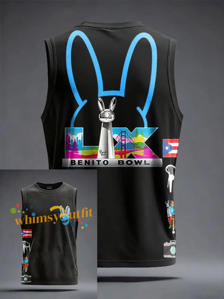 Unisex Bunny Football Music Lover Printed Tank Tops Black / S