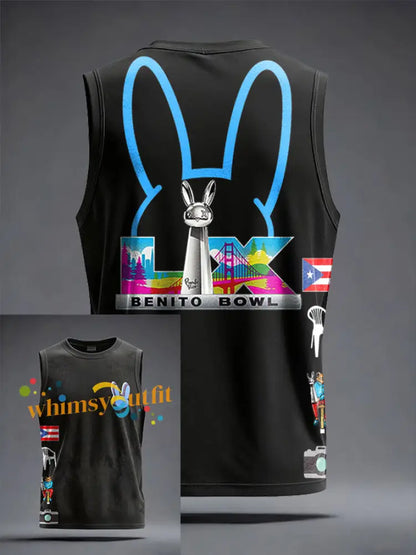 Unisex Bunny Football Music Lover Printed Tank Tops Black / S
