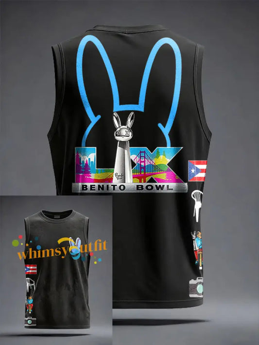 Unisex Bunny Football Music Lover Printed Tank Tops Black / S
