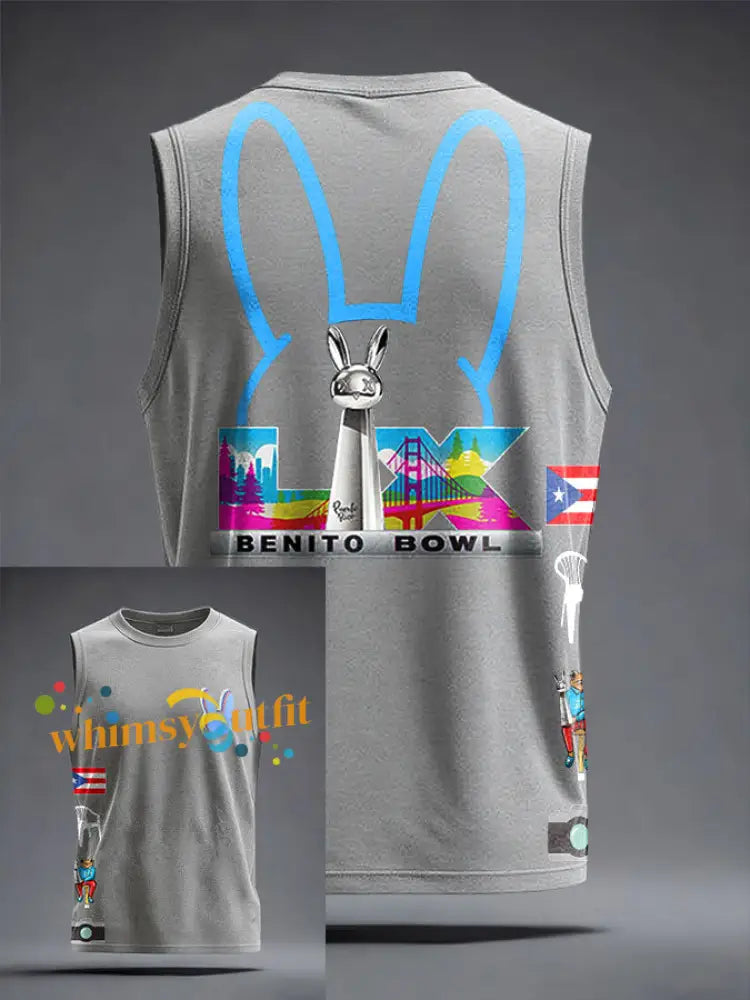 Unisex Bunny Football Music Lover Printed Tank Tops Light Gray / S