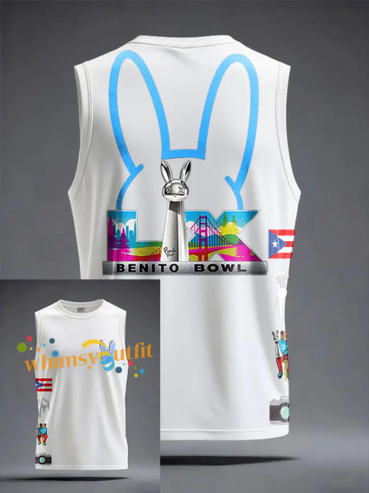 Unisex Bunny Football Music Lover Printed Tank Tops White / S
