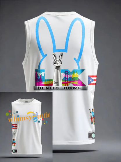 Unisex Bunny Football Music Lover Printed Tank Tops White / S