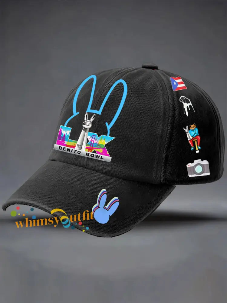 Unisex Bunny Music Football Lover Printed Hat Black / ONE