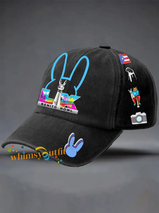 Unisex Bunny Music Football Lover Printed Hat Black / ONE