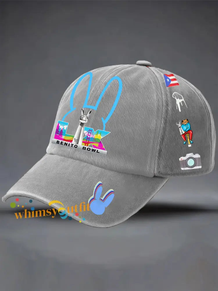 Unisex Bunny Music Football Lover Printed Hat Light Gray / ONE