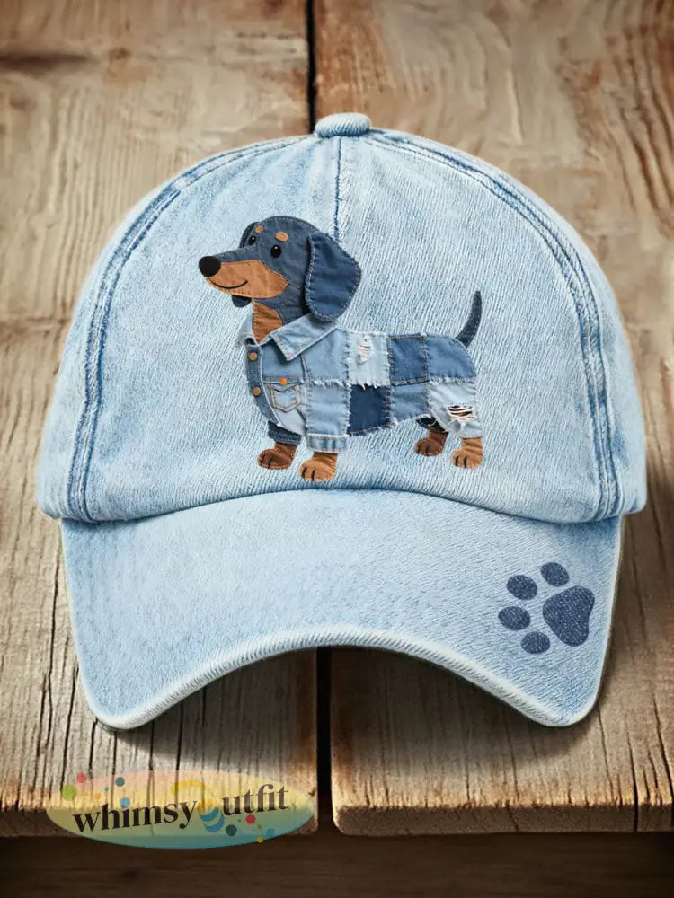 Unisex denim patchwork Teckel patroon hoed - Blauw / ÉÉN