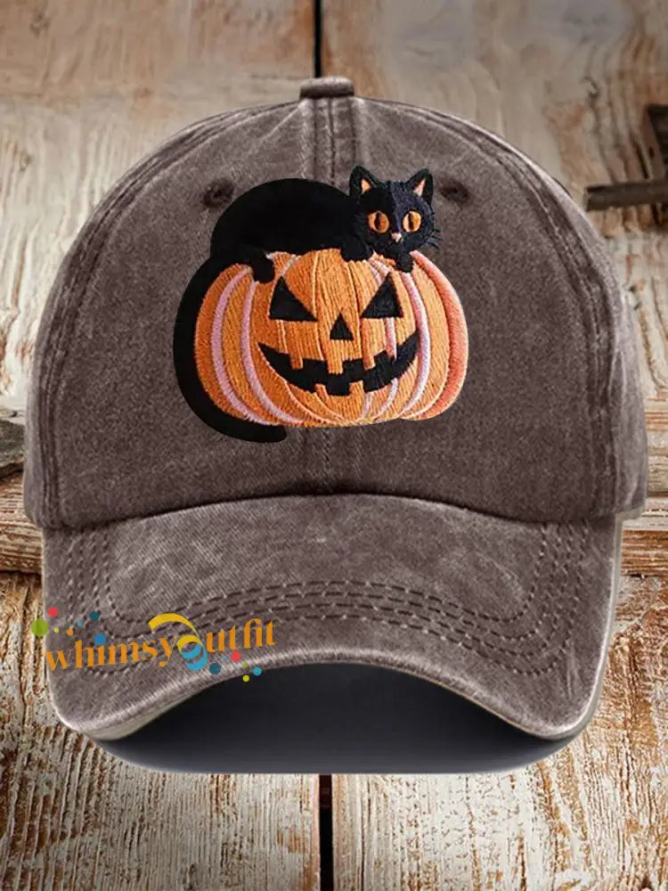 Unisex Fall Halloween Black Cat Pumpkin Print Hat Brown / JM