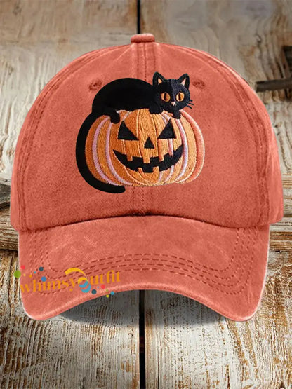Unisex Fall Halloween Black Cat Pumpkin Print Hat Orange / JM