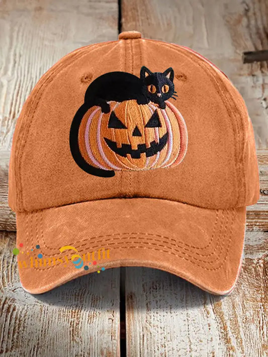 Unisex Fall Halloween Black Cat Pumpkin Print Hat Orange Yellow / JM