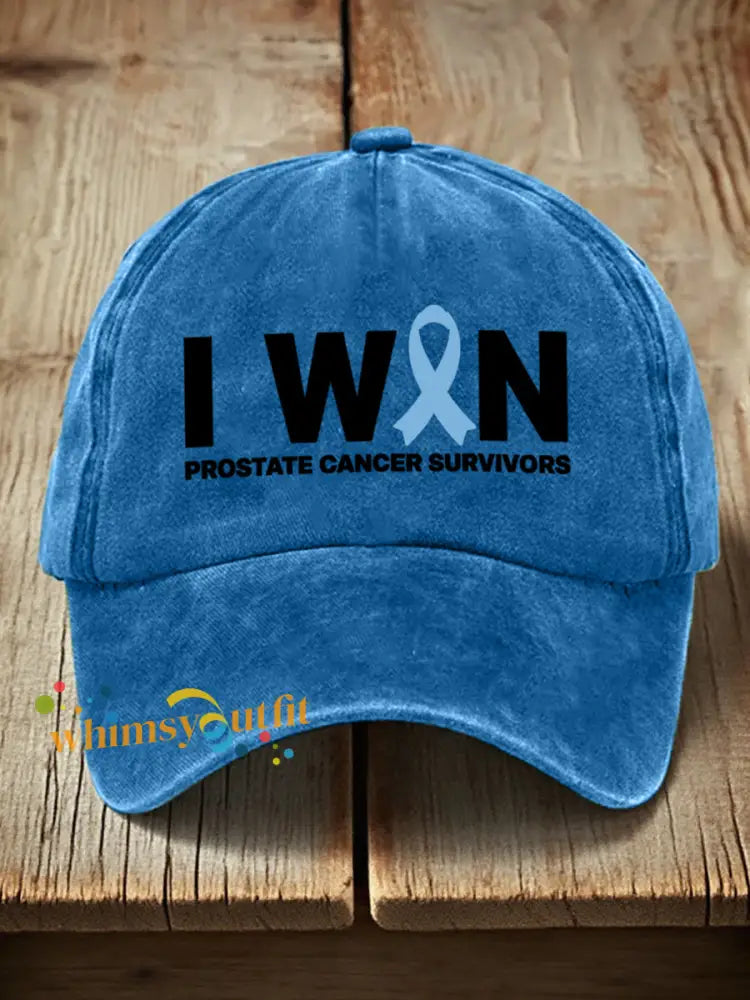 Unisex I Win Prostate Cancer Awareness Print Washed Hat Blue / ONE